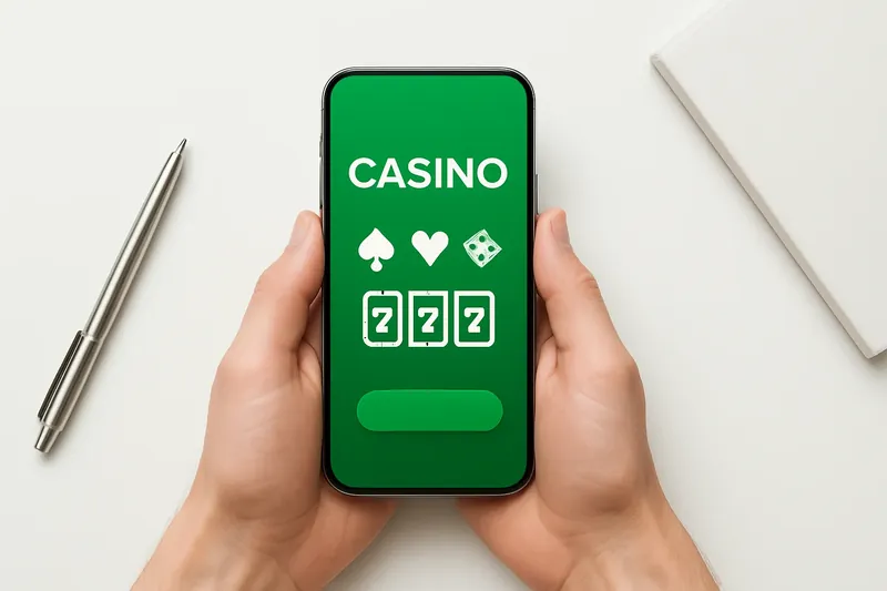 Hands holding phone with casino app above white desk