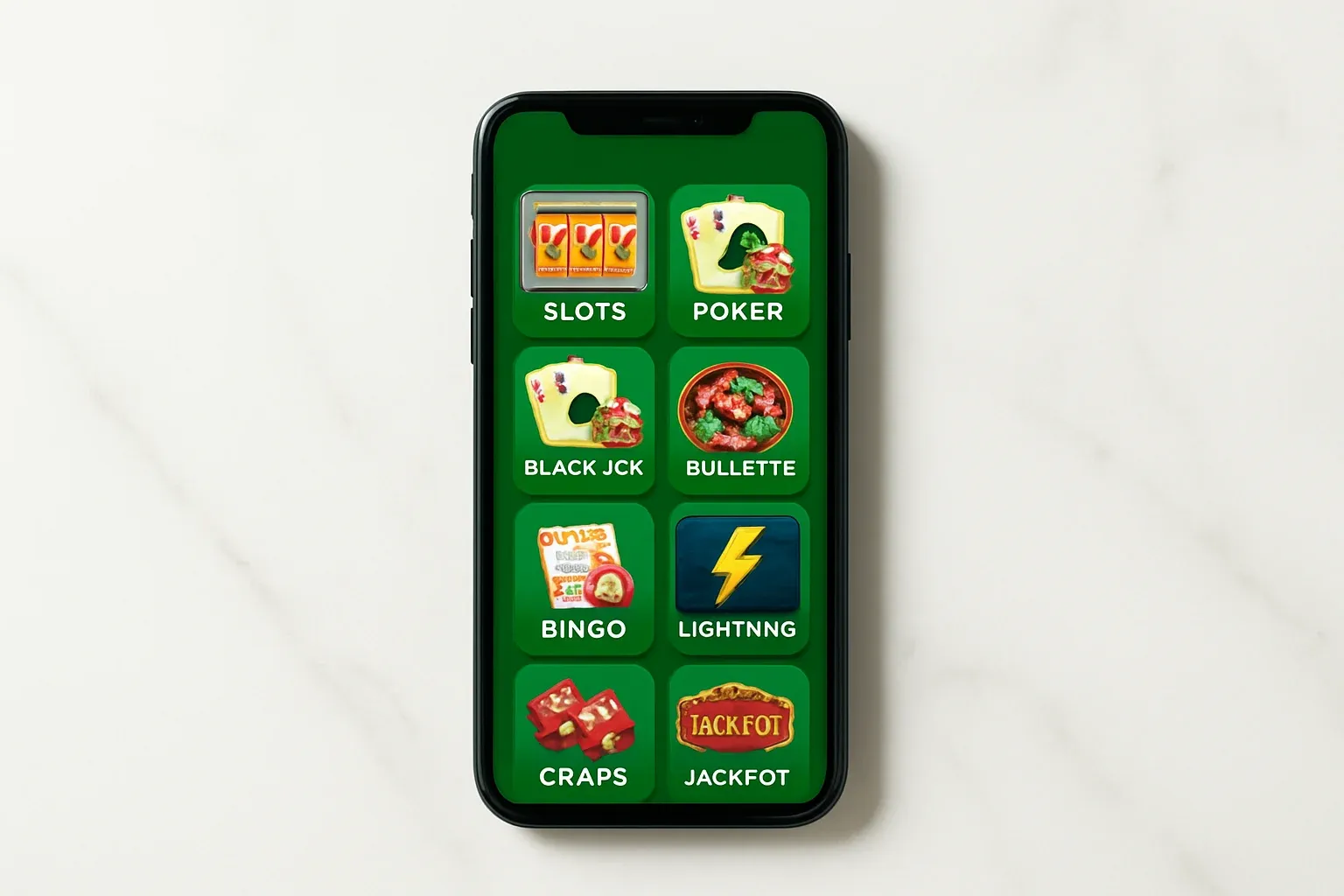 Smartphone on white marble showing bright casino game selection grid