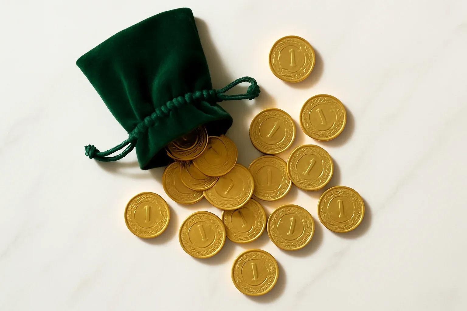 Golden coins spilling from velvet pouch on white marble surface