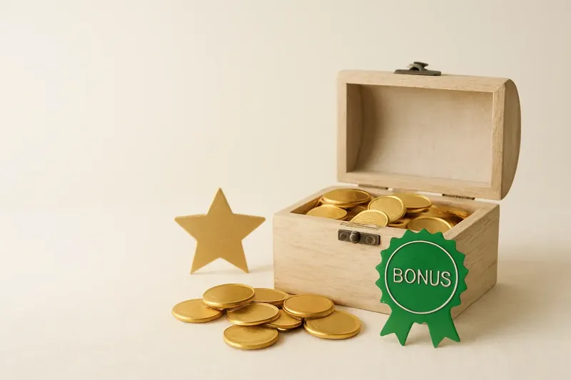 Open treasure box spilling gold coins with star badge and bonus ribbon