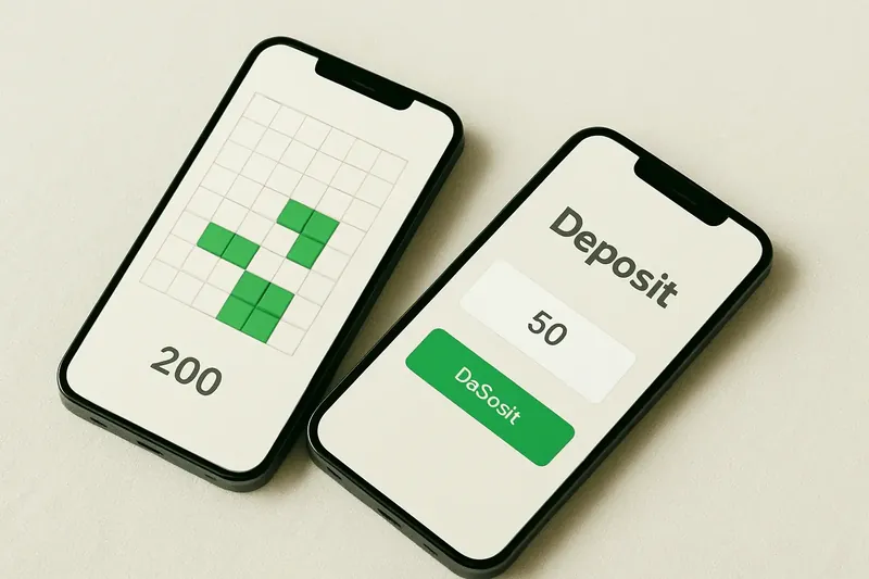 Two smartphones on cream background showing game grid and deposit screen