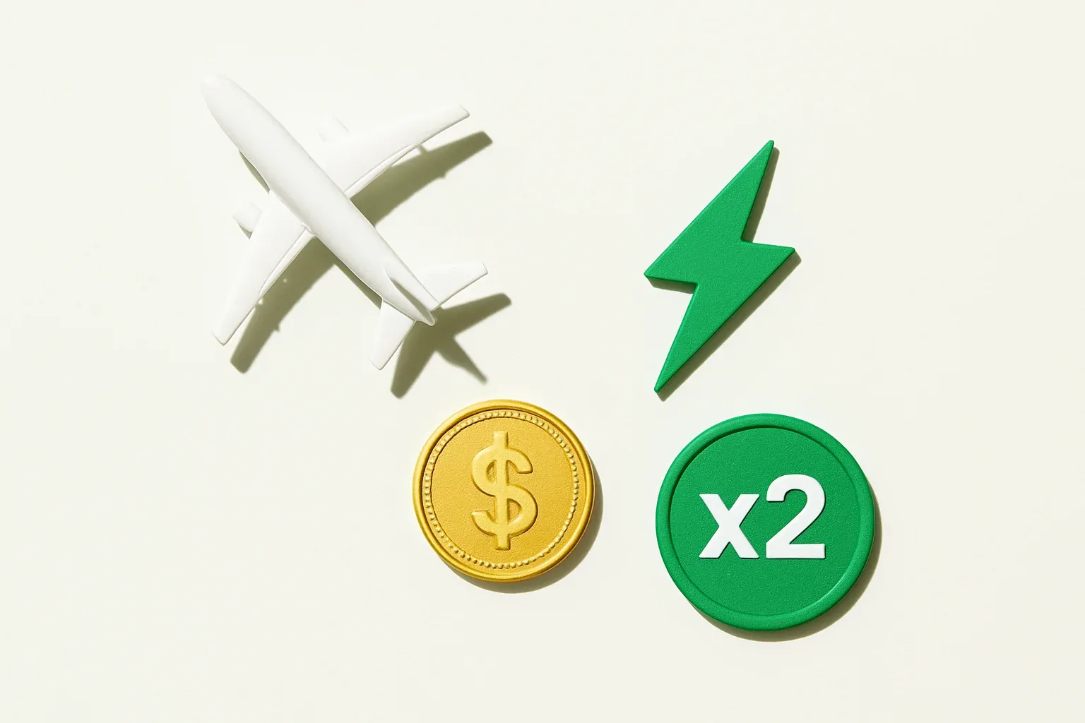 Overhead flat lay with airplane, gold coin, lightning bolt, multiplier badge