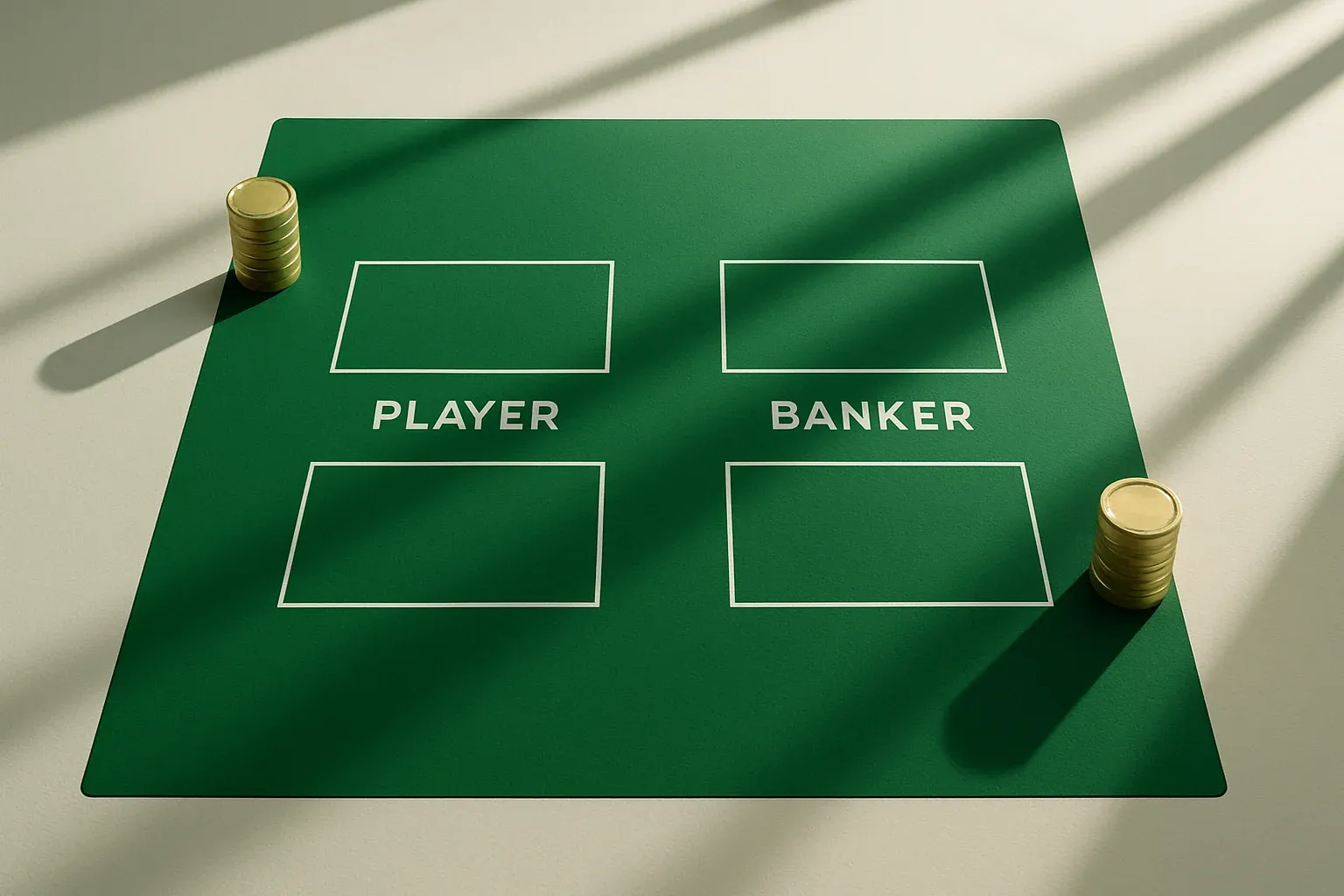 Overhead live baccarat table with gold chip towers and geometric shadows