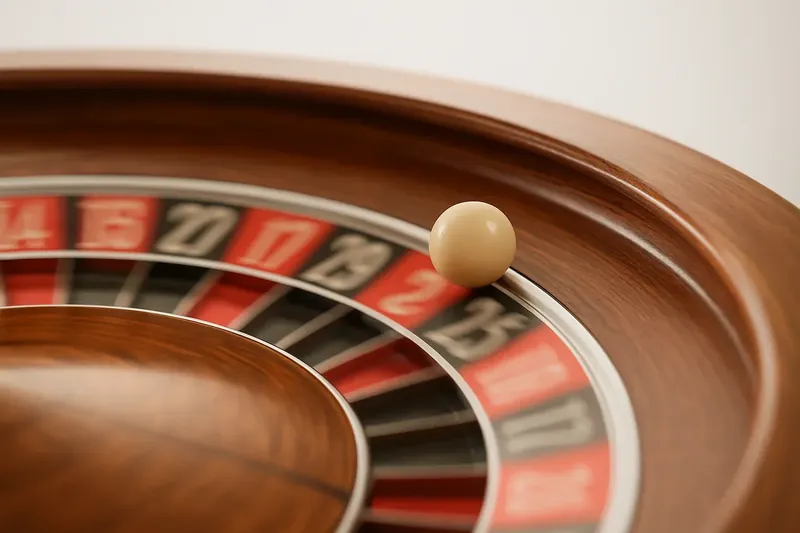 Roulette ball frozen mid-roll on wheel rim with blurred numbers